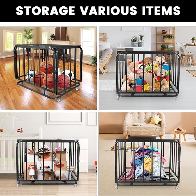 Sports Equipment Organizer Foldable Mental Sports Ball Storage Cart with Lid and Wheels Rolling