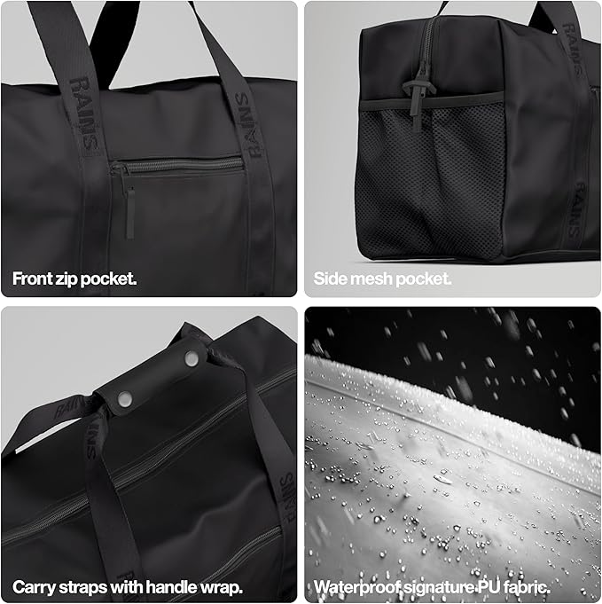 RAINS Trail Gym Bag - Black Waterproof Sports Duffel Bag for Men and Women with Shoulder Strap