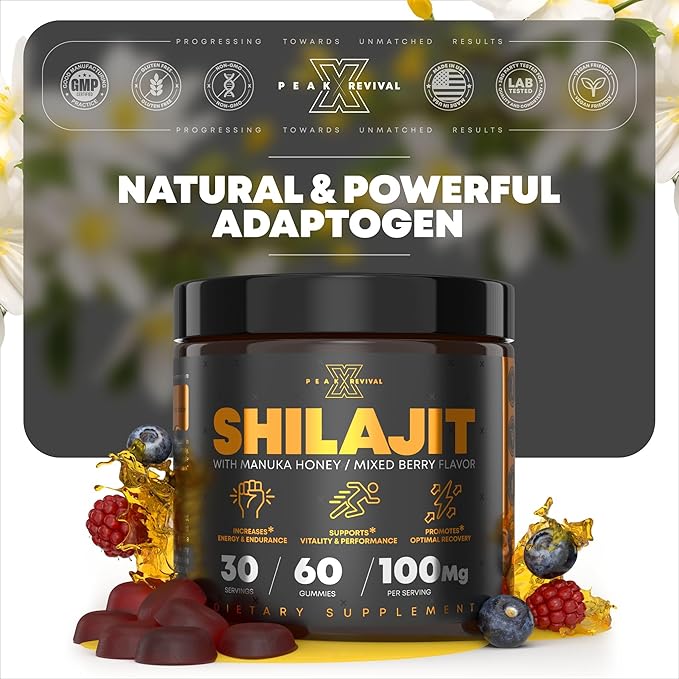 Peak Revival Shilajit Gummies with Manuka Honey, Mixed Berry Flavor, 60 Count, 100mg per Serving