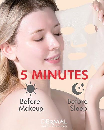 DERMAL Rose Collagen Essence Korean Facial Mask Sheet Pack of 10 - Reviving Tired Skin, Soothing &