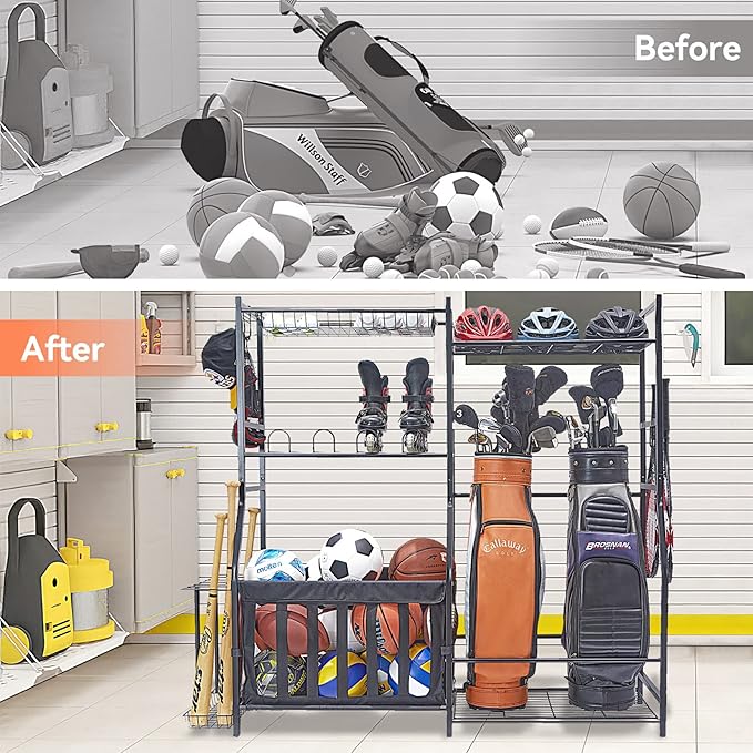 WALMANN Garage Sports Equipment Organizer, Golf Bag Stand for Garage Ball Storage Rack