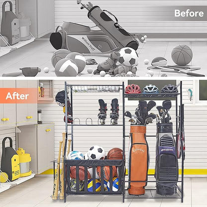 WALMANN Garage Sports Equipment Organizer, Golf Bag Stand for Garage Ball Storage Rack