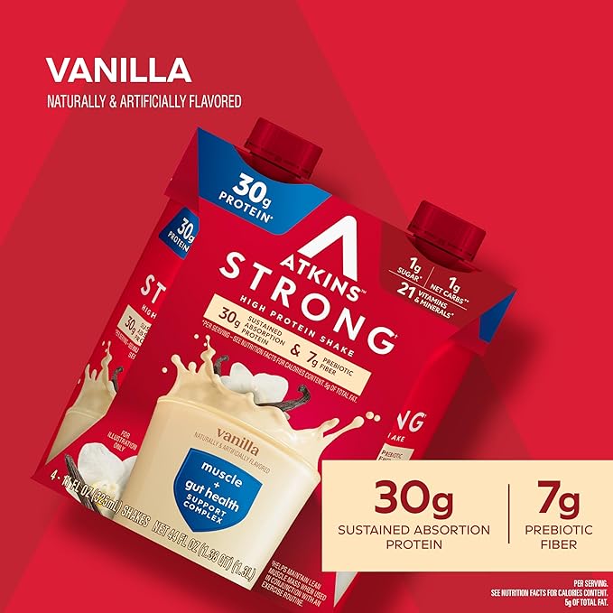 Atkins Strong High Protein Shake, Vanilla Flavored, 30g Protein, Low Carb and Low Sugar Shake, Keto