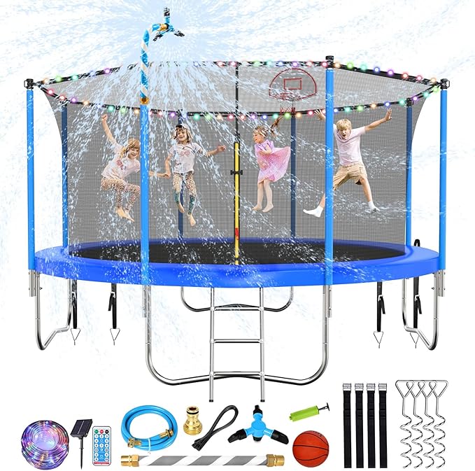 Upgraded 10/12/14/15/16FT Trampoline Outdoor, Large Kids Trampoline with Light, Stakes, Sprinkler