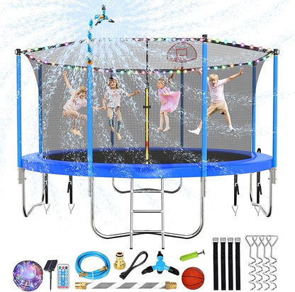 Upgraded 10/12/14/15/16FT Trampoline Outdoor, Large Kids Trampoline with Light, Stakes, Sprinkler