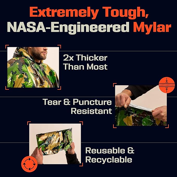 PREPARED4X Emergency Poncho and Mylar Blanket Liner - Waterproof, Wind-Resistant Outdoor Rain