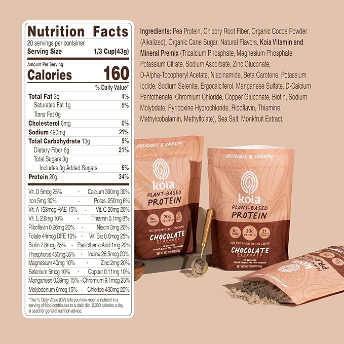 Koia Plant Based Protein Powder, Chocolate, 20g Protein, 3g Sugar, 6g Prebiotic Fiber, Pre & Post