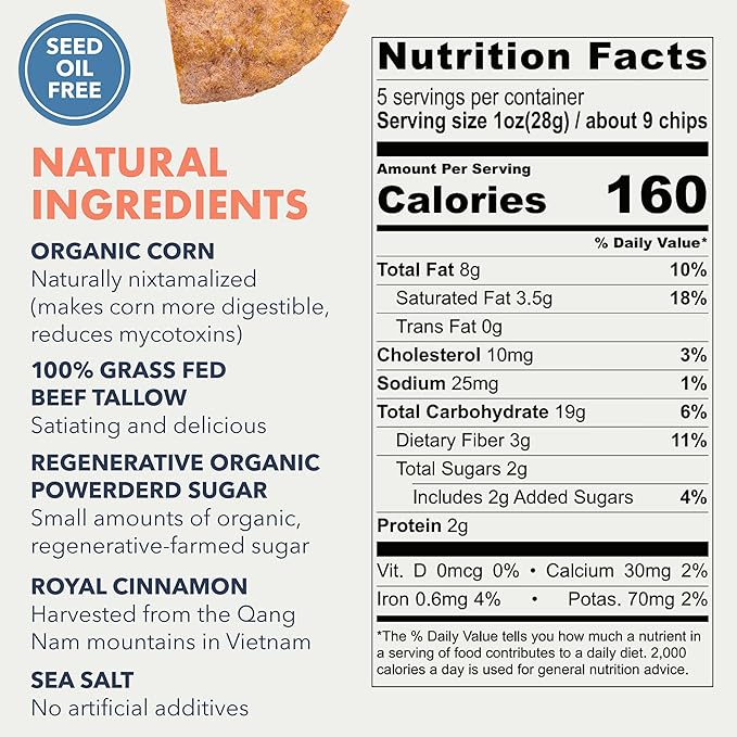 MASA Tortilla Chips - Churro Chips - No Seed Oil Snacks - Corn TortillaChips - Made with Grass Fed