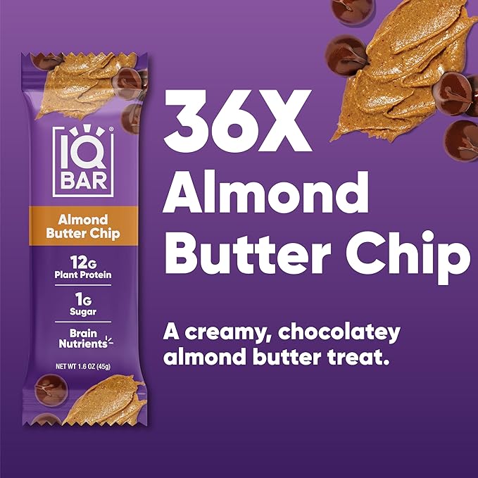 IQBAR Brain and Body Plant Protein Bars - Almond Butter Chip - 36-Count Low Carb - Gluten Free