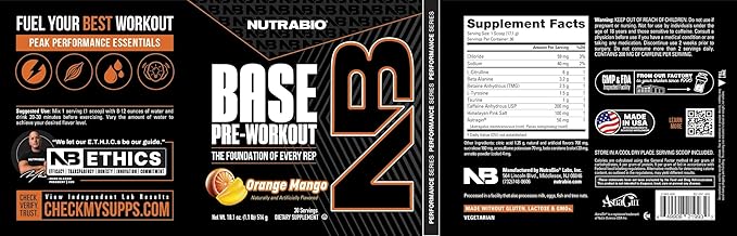 NutraBio Base Pre-Workout Powder 200mg Caffeine, Sustained Energy, Focus, Endurance, Pump, Sugar