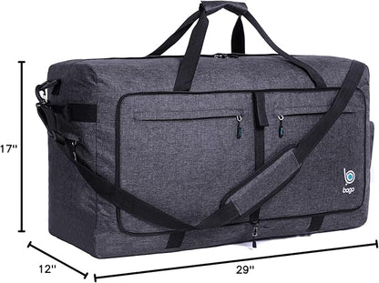 Bago Large Foldable Duffel Bags for Traveling Women & Men - 100L Packable Duffle Bag for Travel with Shoe Compartment - Water Repellant, Heavy Duty, Lightweight Folding & Collapsible (SnowBlack)