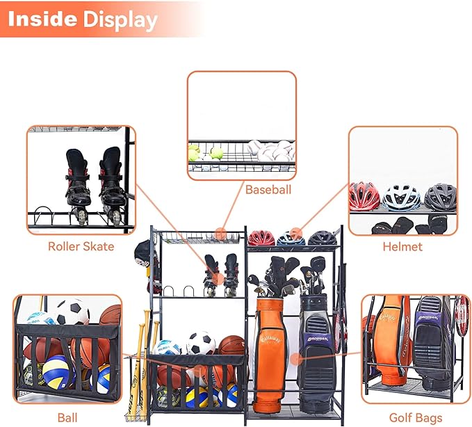 WALMANN Garage Sports Equipment Organizer, Golf Bag Stand for Garage Ball Storage Rack