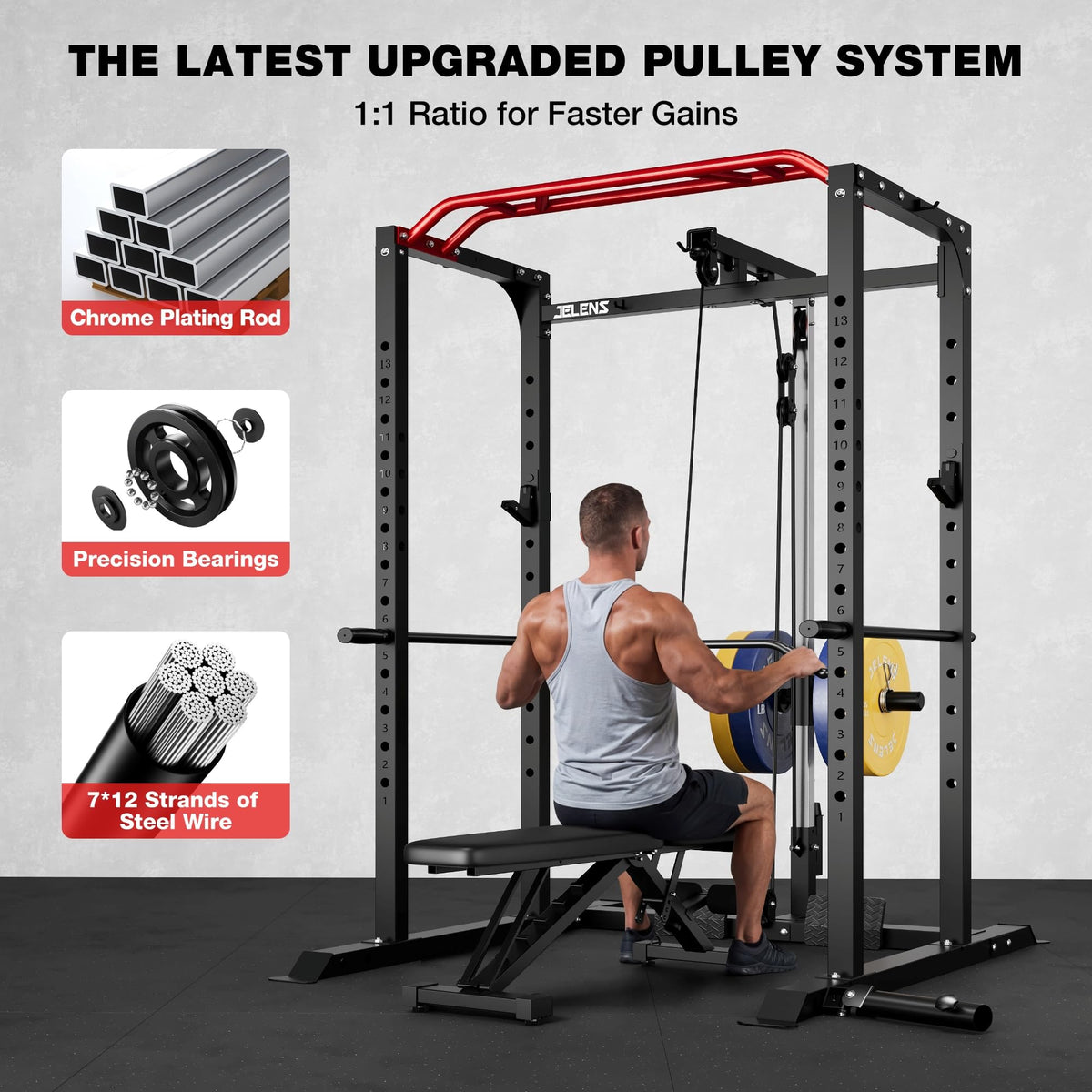 JELENS S11 Power Cage, 2000LB Multi-Function Power Rack with LAT Pulldown, Squat Rack with