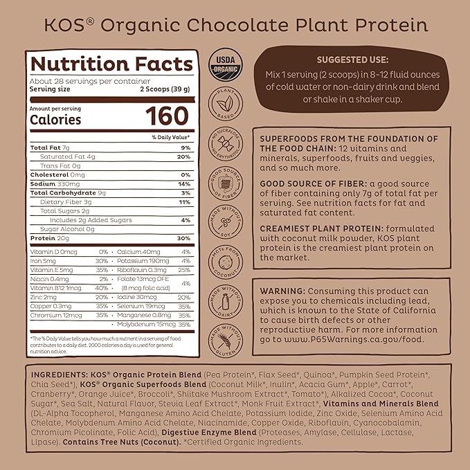 KOS Vegan Protein Powder Erythritol Free, Chocolate - Organic Pea Protein Blend, Plant Based