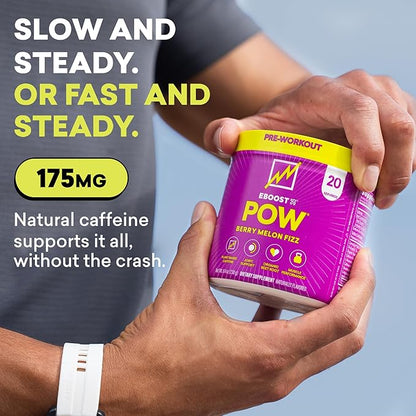 EBOOST POW Natural Pre Workout Powder - 20 Servings - Berry Melon Fizz - Pre Workout Supplement for