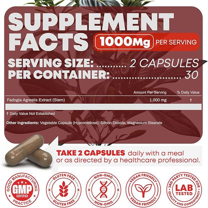 Fadogia Agrestis 1000mg Per Serving Supplement - Potent Extract to Increase Energy, Athletic