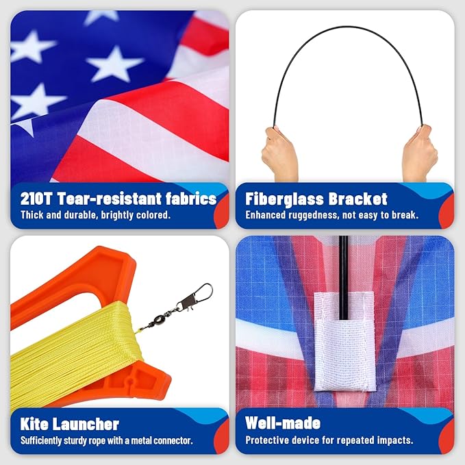 Flag Airplane Kite Easy to Fly Kids Kites for Ages 3-5, Huge Size Durable Beach Kite for Family