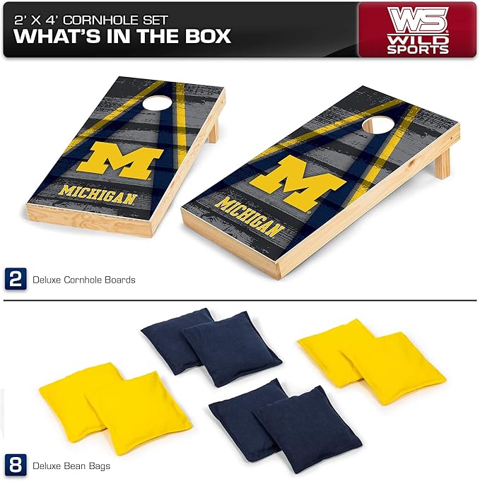 Wild Sports NCAA College 2' x 4' Wood Direct Print Tournament Cornhole Set, 8 Bean Bags, Vintage