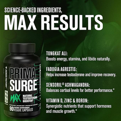 Jacked Factory Primasurge Max Testosterone Booster for Men - Natural Testosterone Supplement with