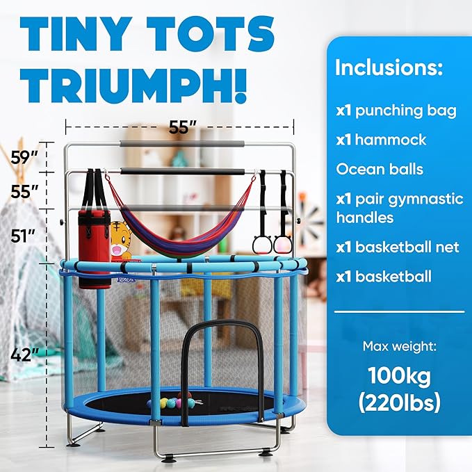 Toddler Trampoline for Kids Ages 3-8 - 5 ft Toddler Trampoline with Net, Basketball Hoop, Ocean