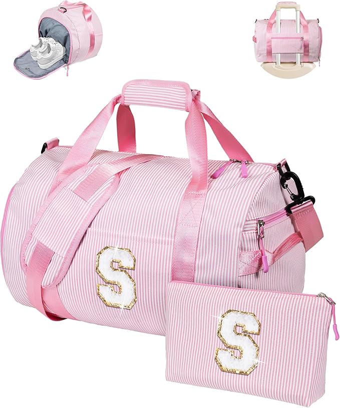 Birthday Gifts, Girl Gym Bag, Kids Initial Overnight Duffel Bags with Shoe Compartment