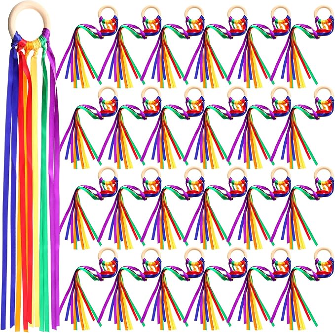 Junkin Ribbon Rings Hand Kite Waldorf Toys Dancing Wrist Ribbons Rainbow Streamers with Wood Ring