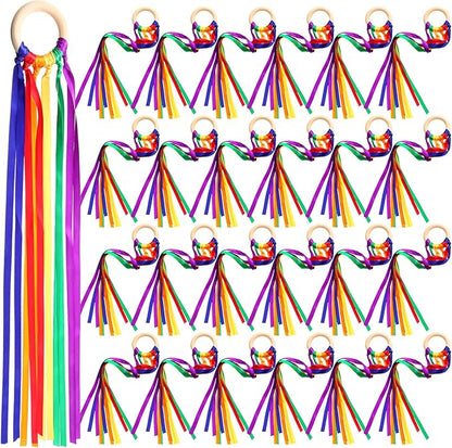 Junkin Ribbon Rings Hand Kite Waldorf Toys Dancing Wrist Ribbons Rainbow Streamers with Wood Ring