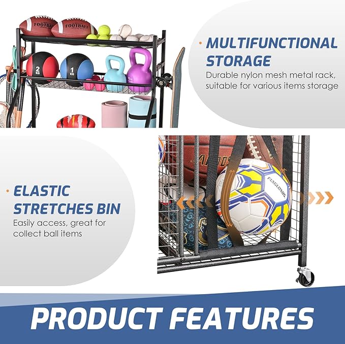 PLKOW Sports Equipment Organizer - Garage Storage Rack with Basket and Hooks, Ball Storage, Toy and