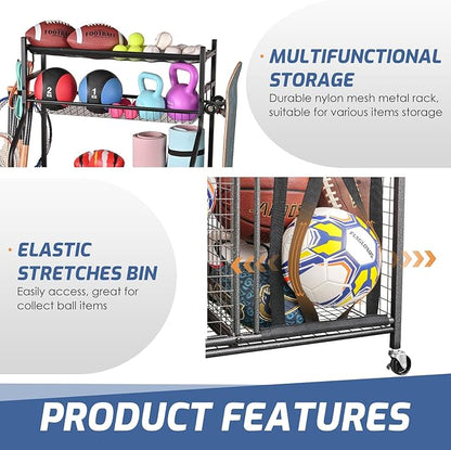 PLKOW Sports Equipment Organizer - Garage Storage Rack with Basket and Hooks, Ball Storage, Toy and