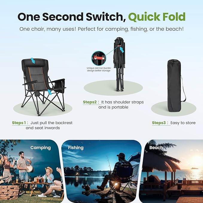 HIGH POINT SPORTS Oversized Folding Camping Chairs for Adults, High Backrest Heavy Duty Lawn Chairs