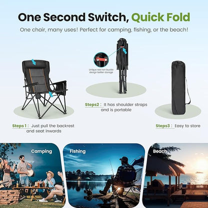 HIGH POINT SPORTS Oversized Folding Camping Chairs for Adults, High Backrest Heavy Duty Lawn Chairs