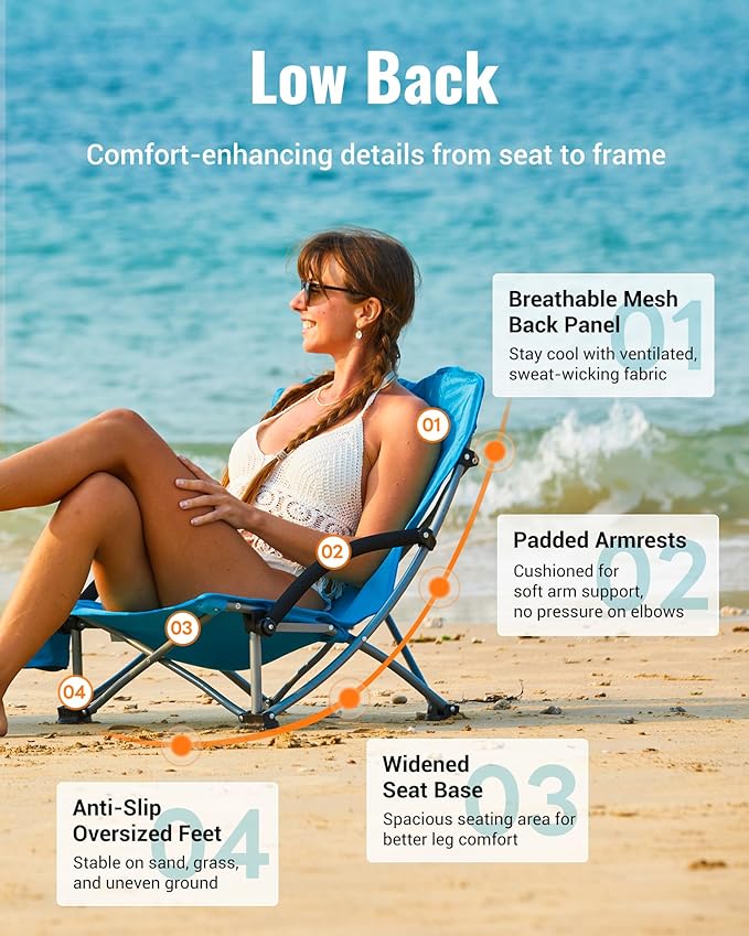 KingCamp Low Beach Chairs, Portable Folding Chair for Adults Extra Wide Ergonomic High Back Seat