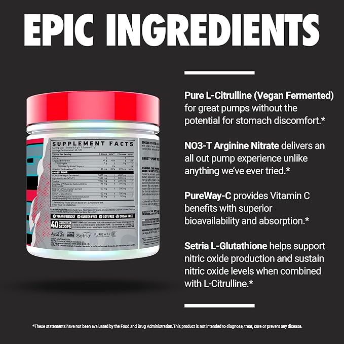 GHOST Pump Nitric Oxide Powder, Peach - 40 Servings - Sugar-Free & Stim-Free Pre-Workout