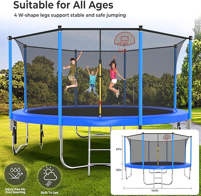 Upgraded 10/12/14/15/16FT Trampoline Outdoor, Large Kids Trampoline with Light, Stakes, Sprinkler