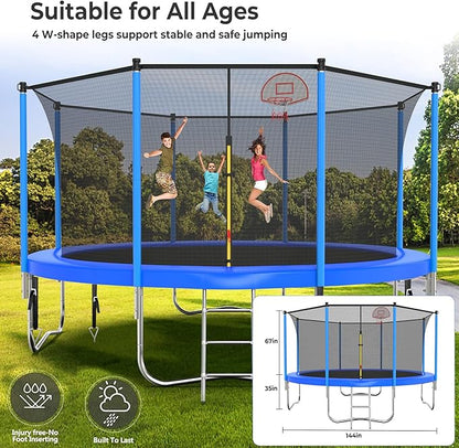 Upgraded 10/12/14/15/16FT Trampoline Outdoor, Large Kids Trampoline with Light, Stakes, Sprinkler