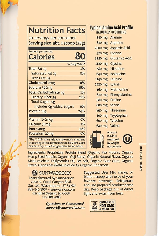 Sunwarrior Vegan Protein Powder Plant-Based USDA Organic Protein BCAA Amino Acids Hemp Seed Keto