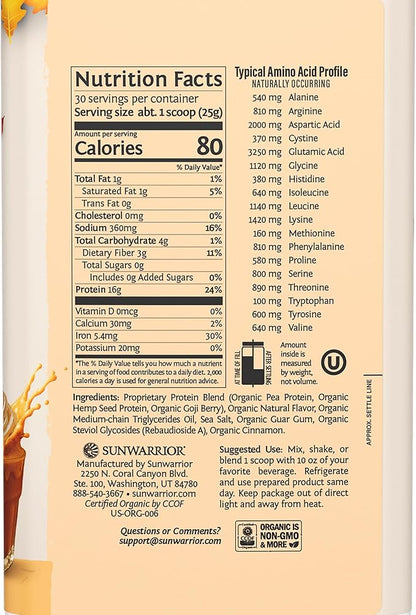 Sunwarrior Vegan Protein Powder Plant-Based USDA Organic Protein BCAA Amino Acids Hemp Seed Keto