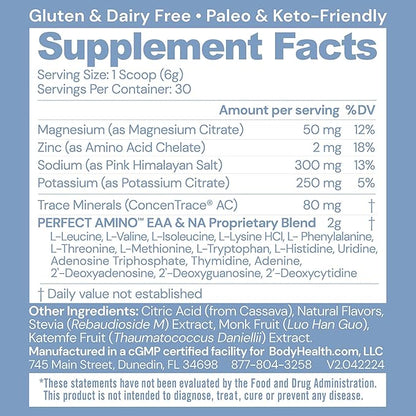 BodyHealth PerfectAmino Electrolyte Powder No Sugar, Hydration Fasting Keto Zero Sugar Electrolytes
