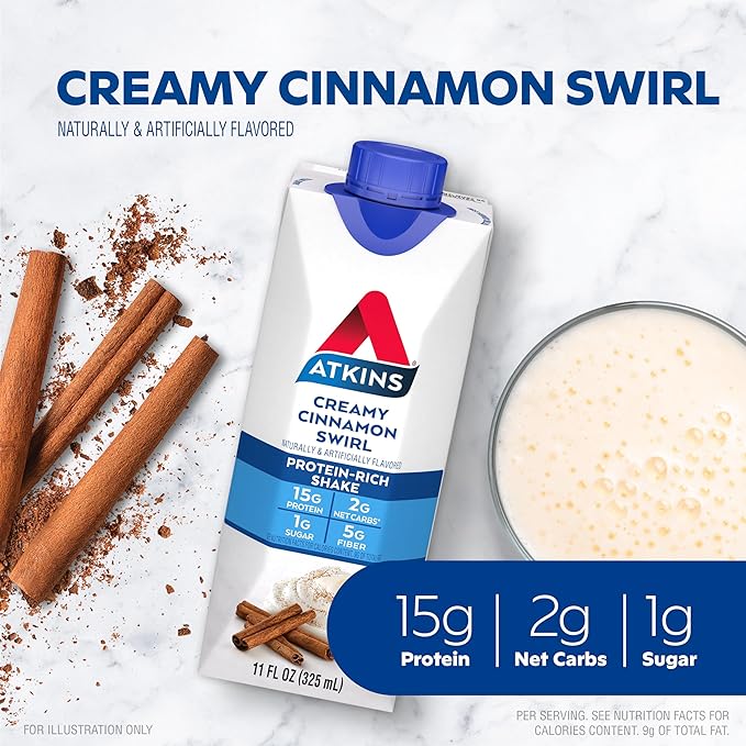 Atkins Creamy Cinnamon Swirl Protein Shake, 15g Protein, Low Glycemic, 2g Net Carb, 1g Sugar, Keto