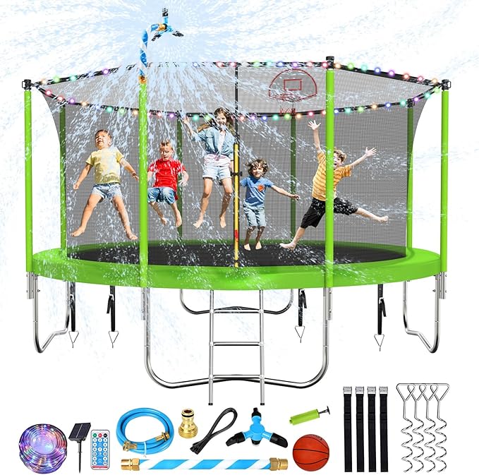 Upgraded 10/12/14/15/16FT Trampoline Outdoor, Large Kids Trampoline with Light, Stakes, Sprinkler