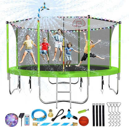 Upgraded 10/12/14/15/16FT Trampoline Outdoor, Large Kids Trampoline with Light, Stakes, Sprinkler