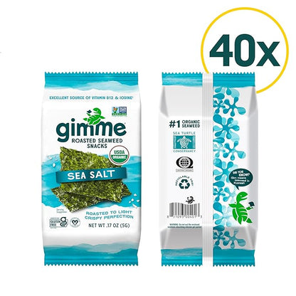 gimMe Organic Roasted Seaweed Sheets, Sea Salt, Keto, Vegan, Gluten Free, Great Source of Iodine