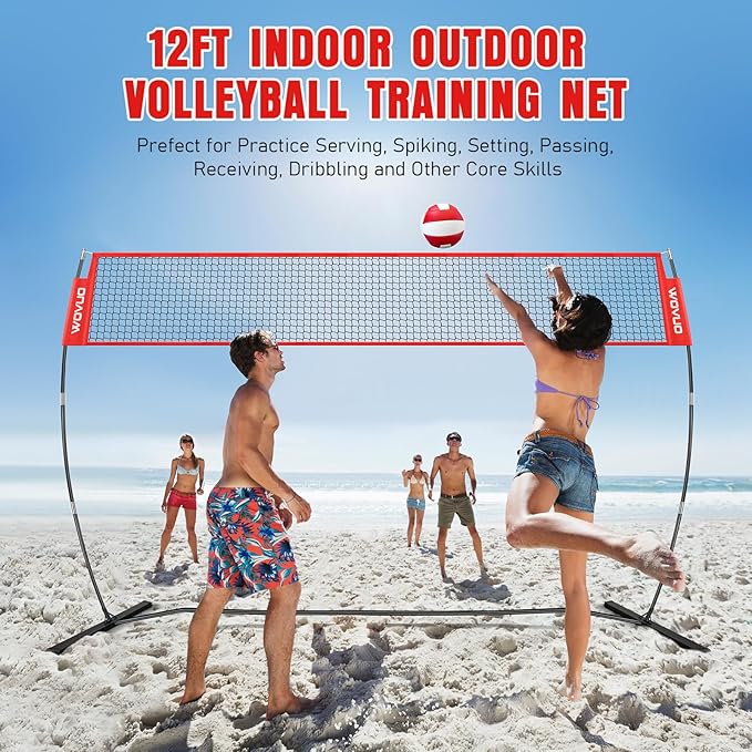 12Ft Beach Volleyball Net for Backyard, Portable Net Set, Freestanding Volleyball Training