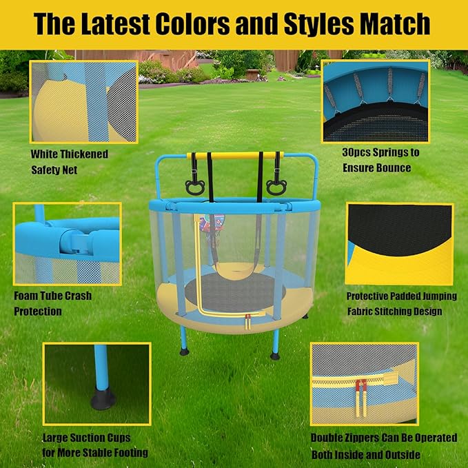 LANGXUN 60" Trampoline for Kids, 5ft Mini Toddler Indoor & Outdoor Trampoline with Net, Basketball
