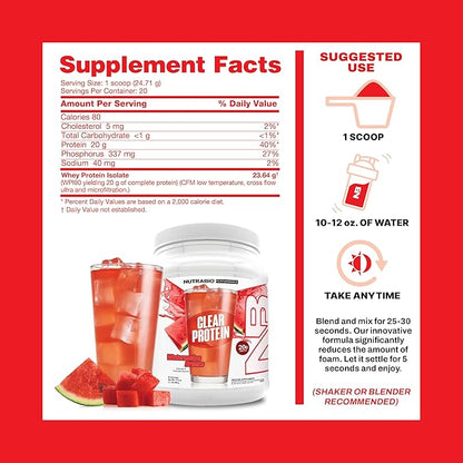 NutraBio Clear Protein Powder, Watermelon Breeze - 20 Servings, 20g Clear Whey Protein Isolate, 0