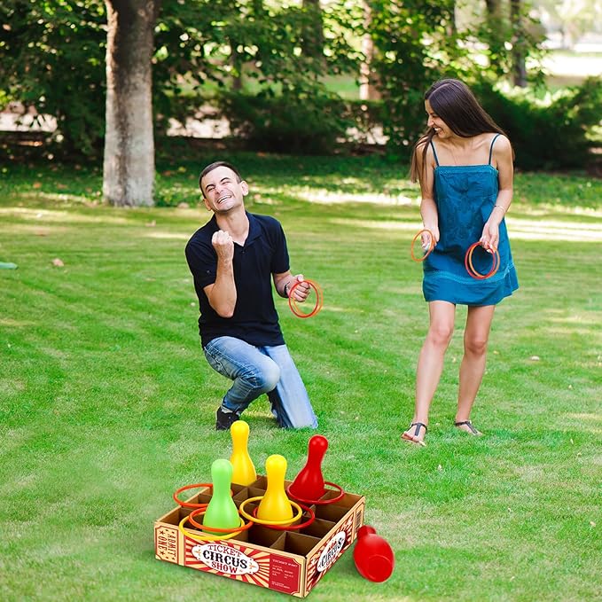 Wettarn Carnival Bottle Toss Game Ring Toss Games, Include a Circus Ticket Box 6 Plastic Bottles
