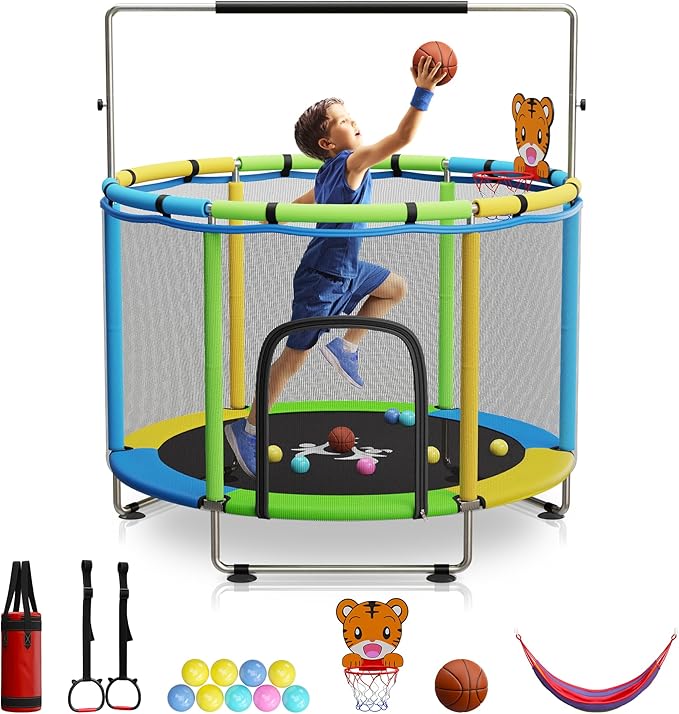 Toddler Trampoline for Kids Ages 3-8 - 5 ft Toddler Trampoline with Net, Basketball Hoop, Ocean