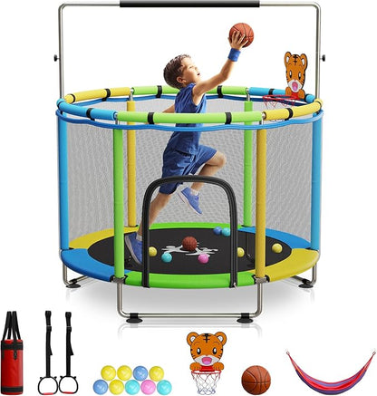 Toddler Trampoline for Kids Ages 3-8 - 5 ft Toddler Trampoline with Net, Basketball Hoop, Ocean