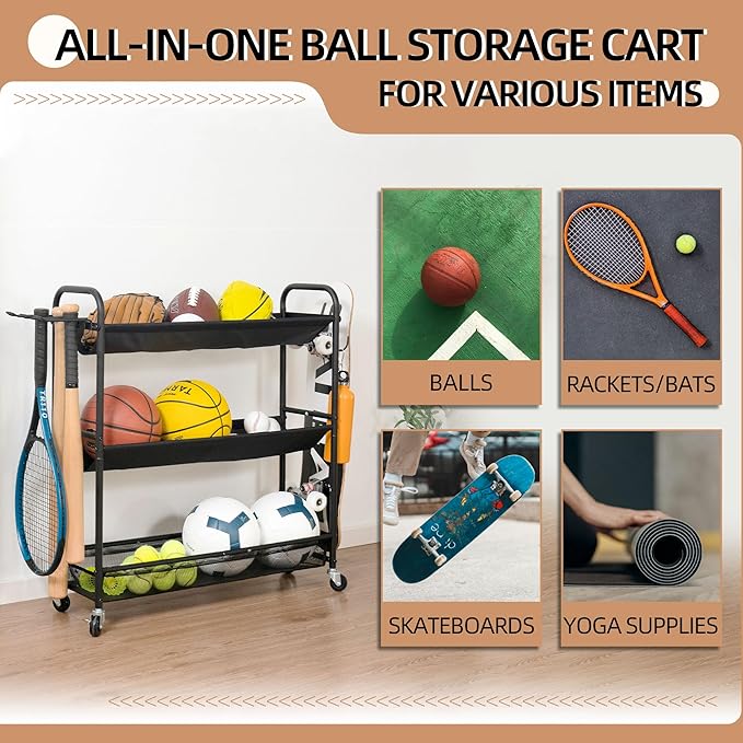 STORAGE MANIAC Basketball Rack 3-Shelf Training Stand Ball Holder Sports Ball Cart Garage Organizer