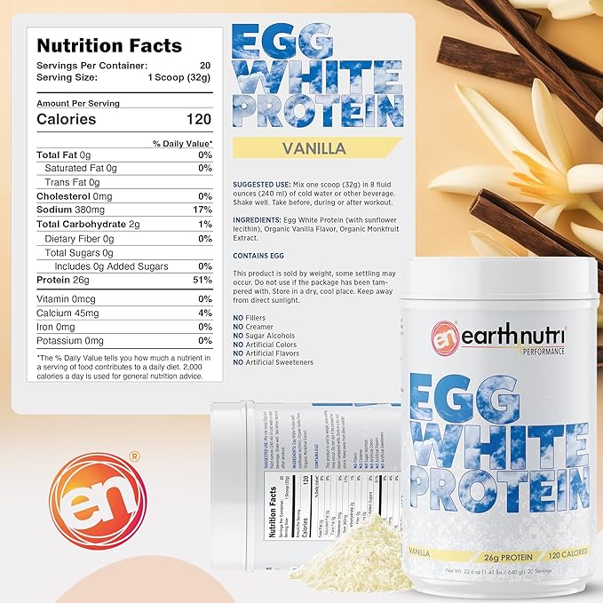 EarthNutri - Egg White Protein Powder Supplement for Pre, Intra or Post Workout, 26g of Protein Per